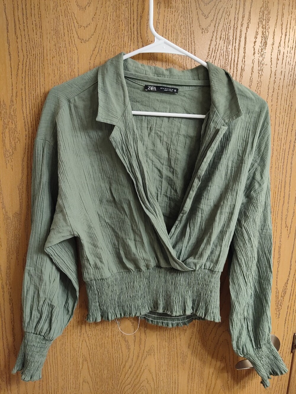 Zara Olive Green Crinkle Surplice Blouse